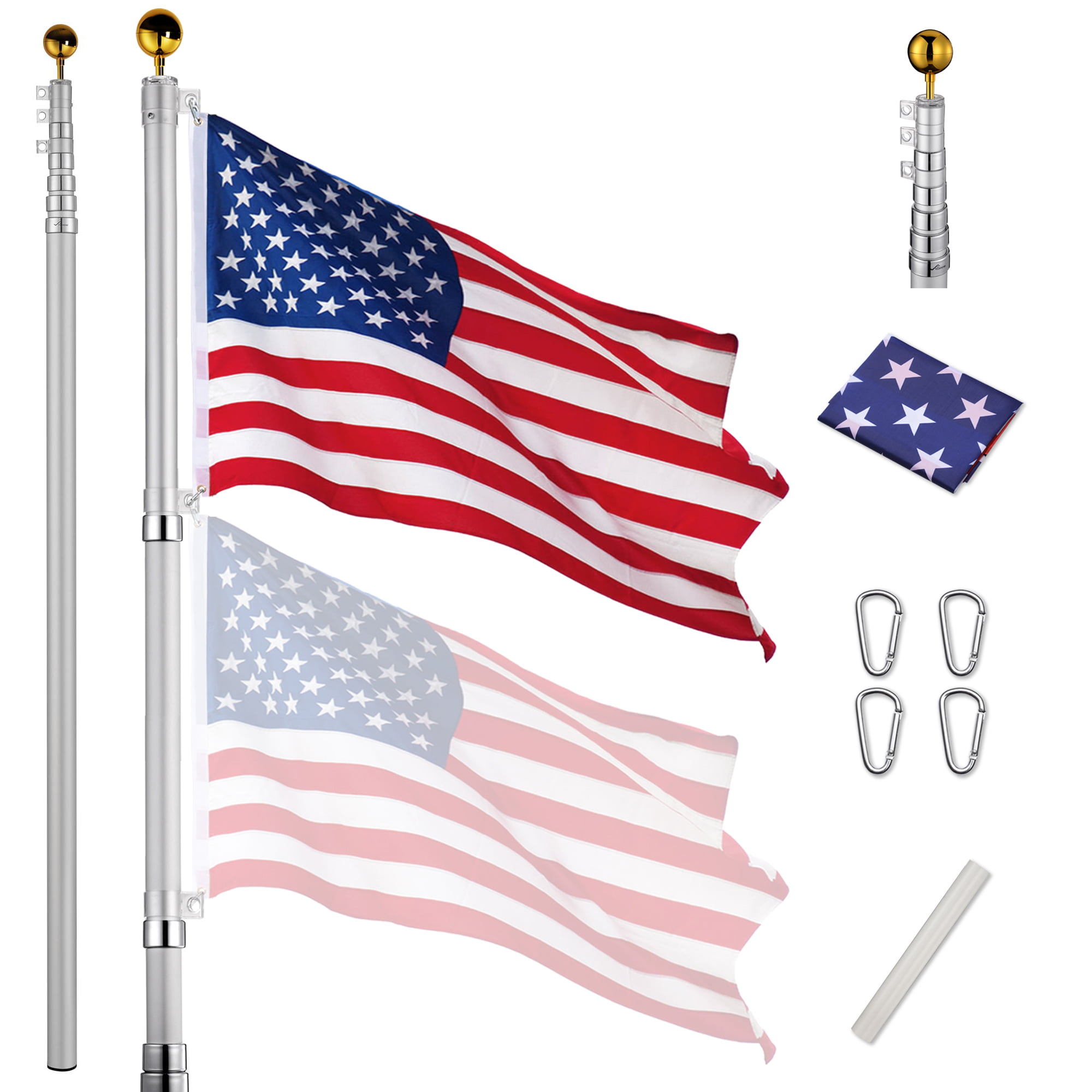 SPECIAL 28' FT FLAG POLE TIRE MOUNT & TWO 3' x 5' FLAGS fiberglass telescoping 