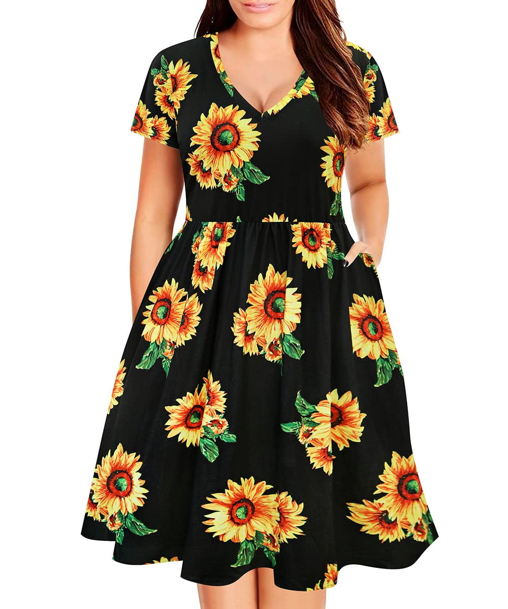 TIYOMI Plus Size Sunflower Yellow Dress For Women 4X Basic V Neck Short ...