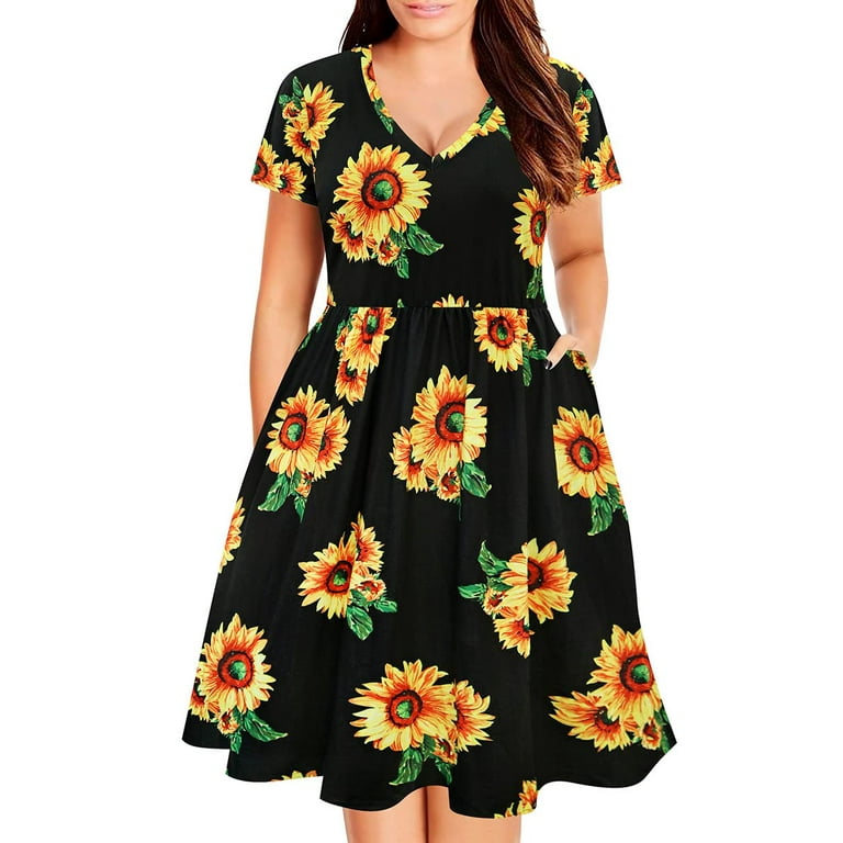 TIYOMI Womens Plus Size Dress 2X Sunflower Dresses Summer Raglan Short  Sleeve Black Elegant V Neck Tie Waist Casual Loose Fit Dress 2XL 18W 20W