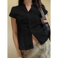 thumbnail image 3 of Women Y2K Lapel Cap‑Sleeve Crop Blouse, Ruched‑Front Tie‑Back Slim‑Fit Button‑Down Going‑Out Tops, 3 of 17