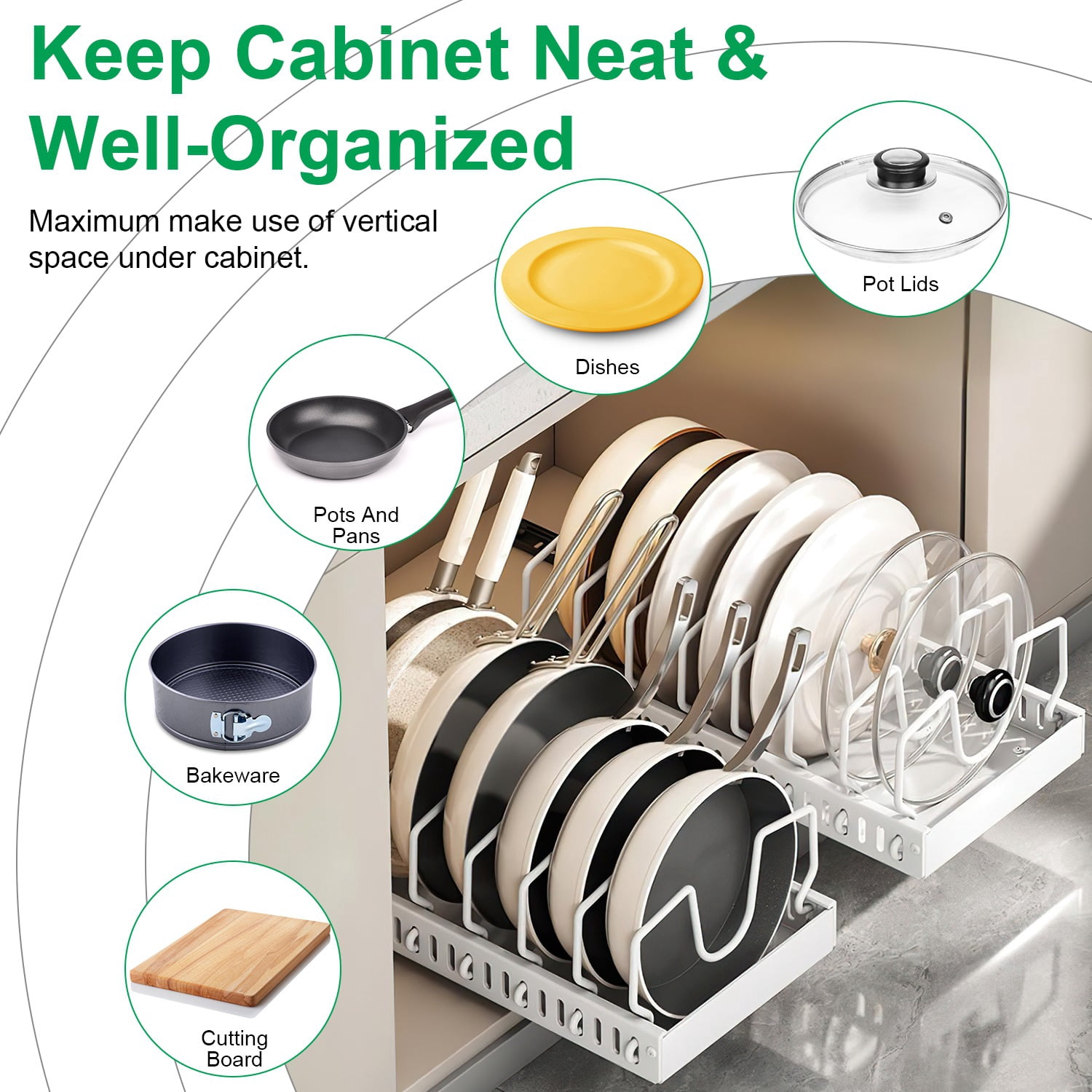 Pull Out Pots and Pans Organizer with 8 Adjustable Dividers for Cabinet