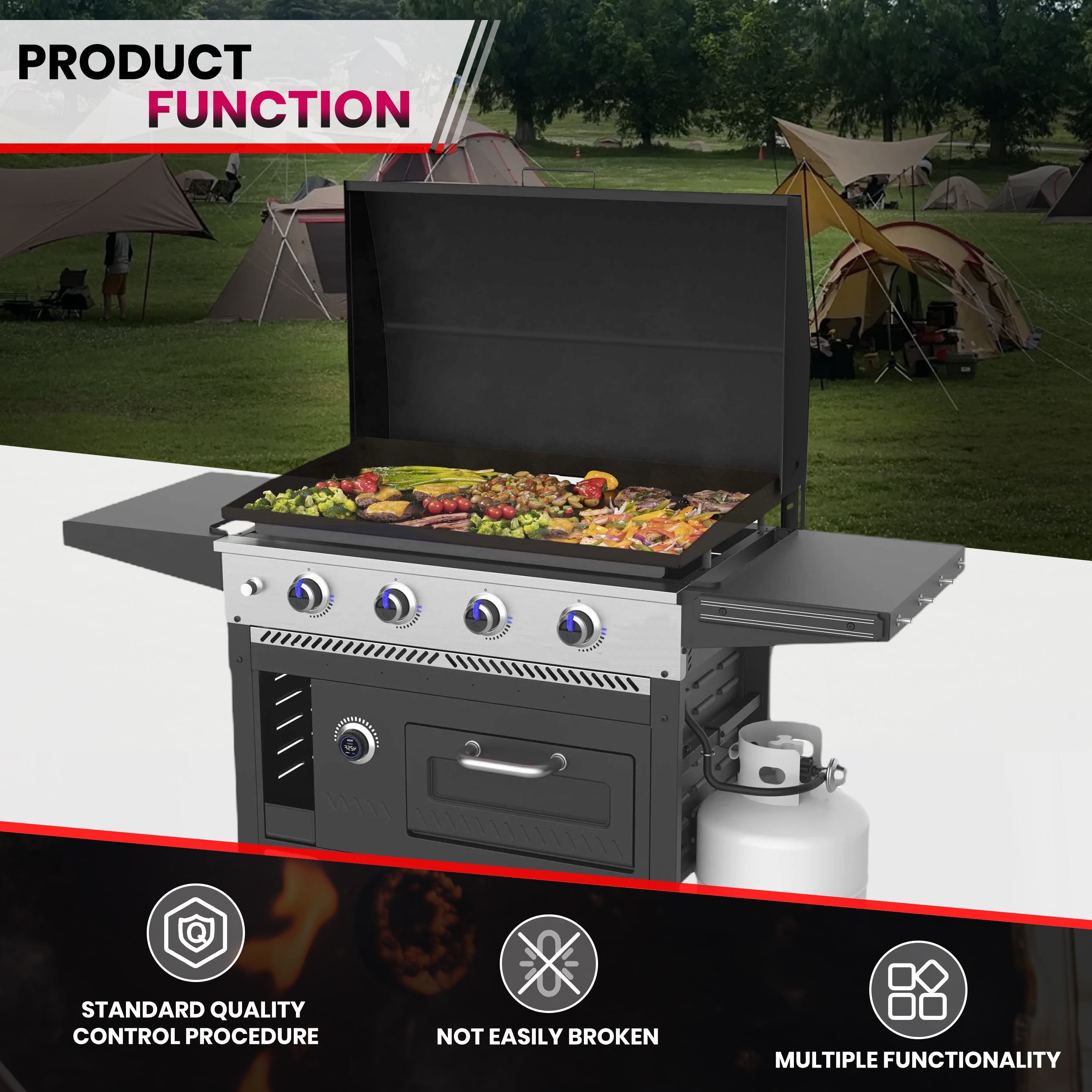 Kojem 36 in Griddle Hood Lid for Blackstone Griddle 36" Grill Hard Cover Black BBQ with Heatproof Handle Powder Coated