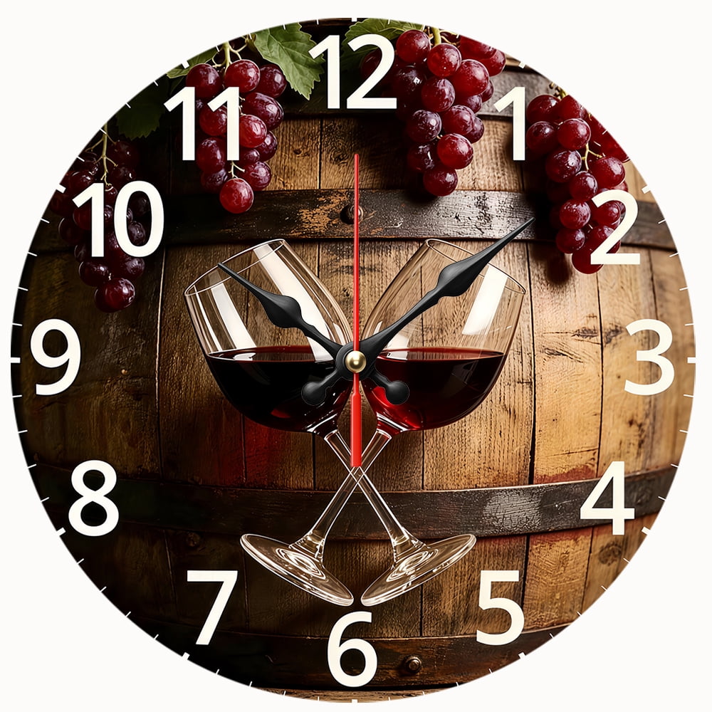 2 D Flat Wooden Wall Clock,Wine Themed Wall Clock with Crossed Wine Glasses & Grapes,for 2 D Flat Wooden Wall Clock,Wine Themed Wall Clock with Crossed Wine Glasses & Grapes,for ab 578