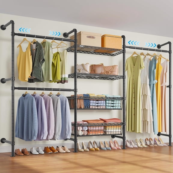 Timate X3 Expandable Heavy Duty Wall Mounted Clothes Rack with Basket, Industrial Pipe Closet System for Walk-in Closet, Black Wardrobe Organizer
