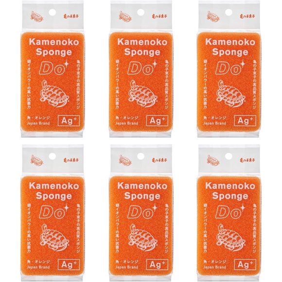 Kamenoko Sponge Do - Set of 6 - Orange - Square - Kitchen Sponges for Cleaning Dishes and Pans - Odor-Resistant - Made in Japan