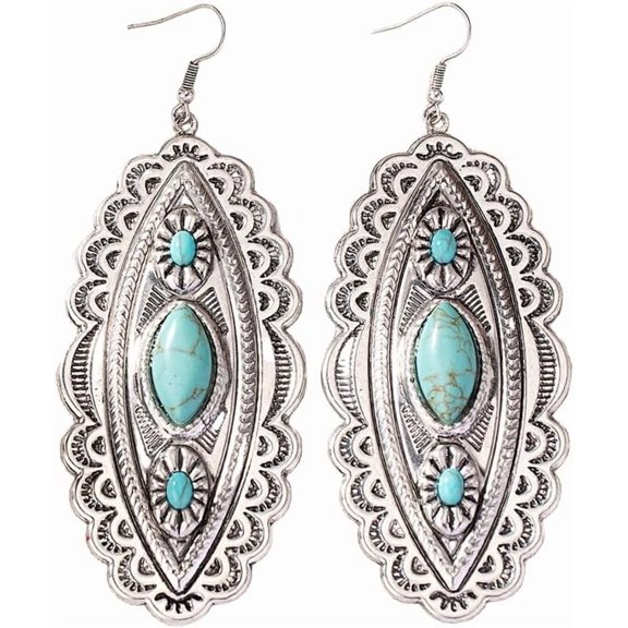 Vintage Long Turquoise Statement Dangle Drop Earrings for Women Silver Plated Antique Boho Western Flower Dangling Fish Hook Earring Bohemian Tribal Birthday Holiday Jewelry Gifts