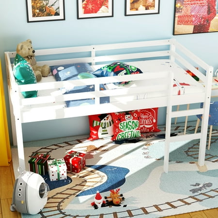 Miniyam Wood Twin Size Loft Bed for Kids, Space-Saving Design, White