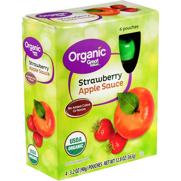 Great Value Organic Applesauce Pouches, Strawberry, 3.2 oz, 4 Ct