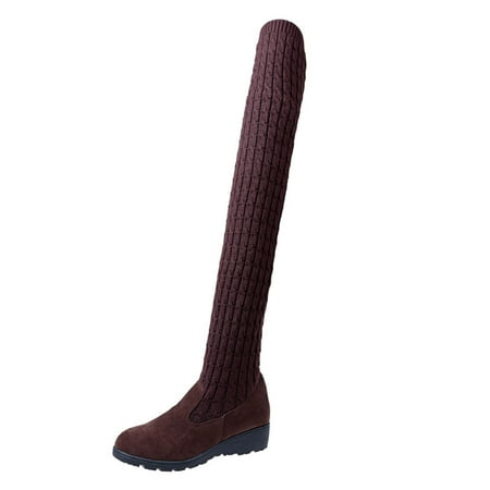 hopeusnice Women s Over The Knee Boots Winter Warm Knitted Suede Thigh High Boots Chunky Heel Flat Boots Platform Shoes Outdoor Ankle Boots Brown 39