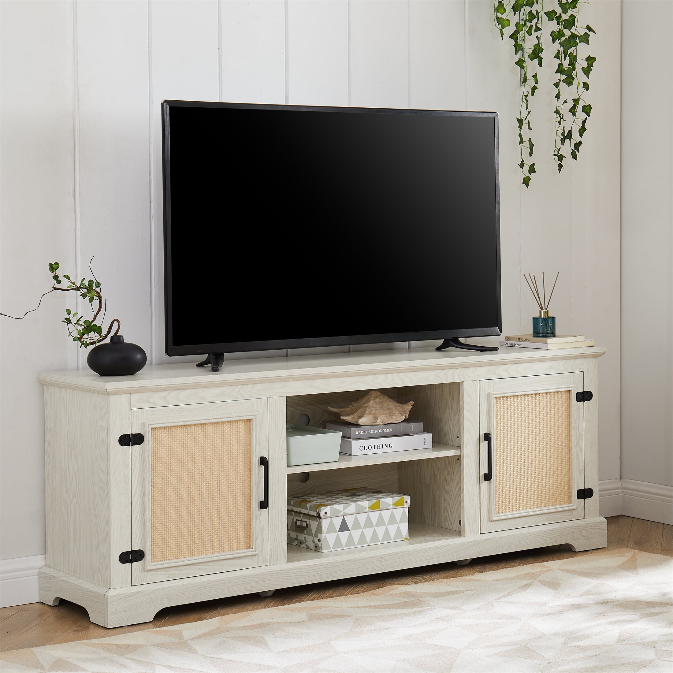 Aukfa Farmhouse TV Stand for TVs up to 70", 2 Natural Rattan Door Cabinets, Oak