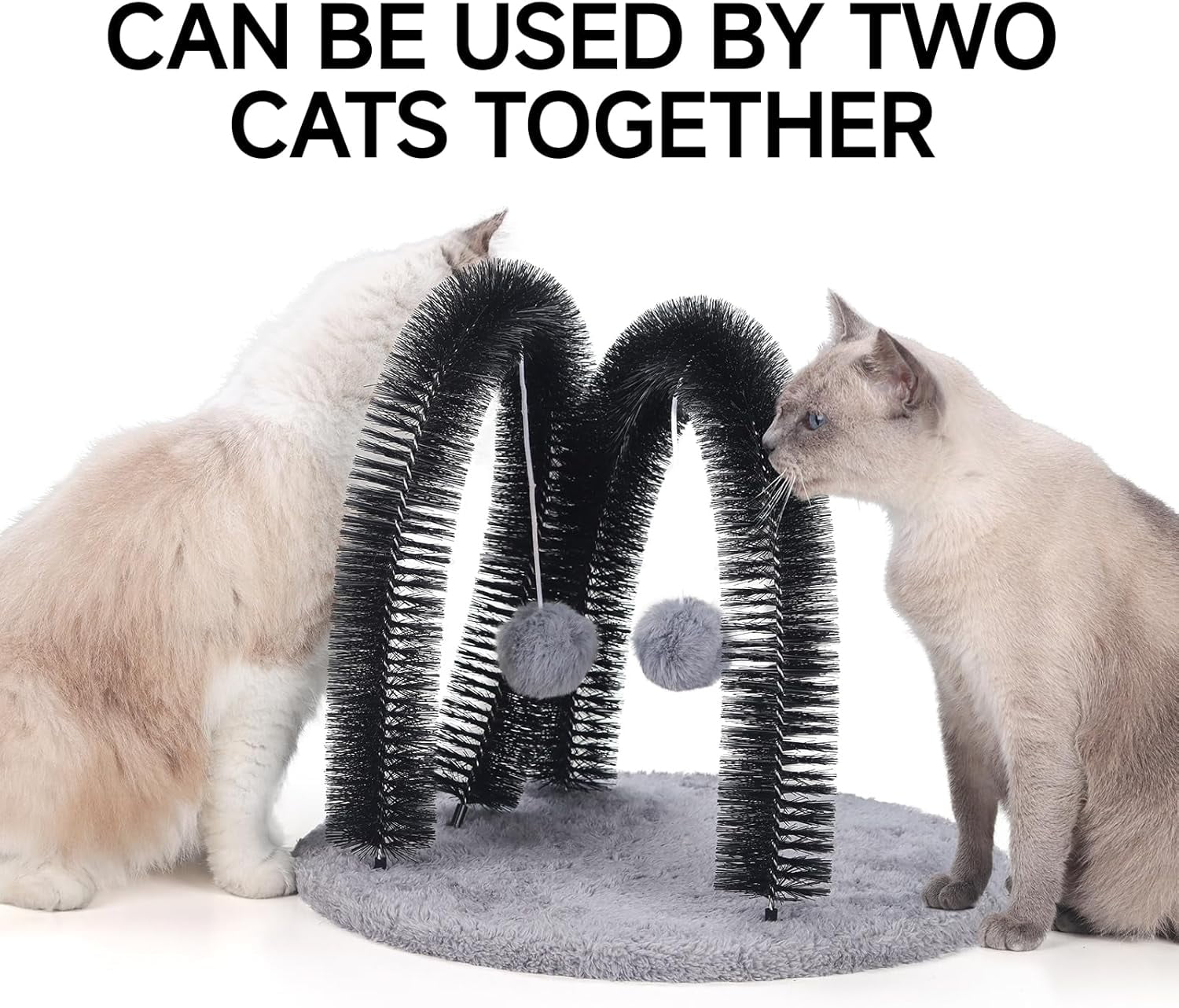 Cat Arch Self Groomer Cat Massager, Cat Grooming Brush with 2 Brushes and Heavy Plush Base, Cat Face and Back Scratchers, Cat Scratchers for Indoor Cats with 2 Toy Plush Balls, Cat Rubbing Post