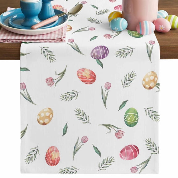 Easter Table Runner, Colorful Easter Eggs Tulips Leaves Botanical Pastoral Cotton Linen Kitchen Table Decoration Washable Dining Tabletop Runners for Home Party Decor 13x36 Inches