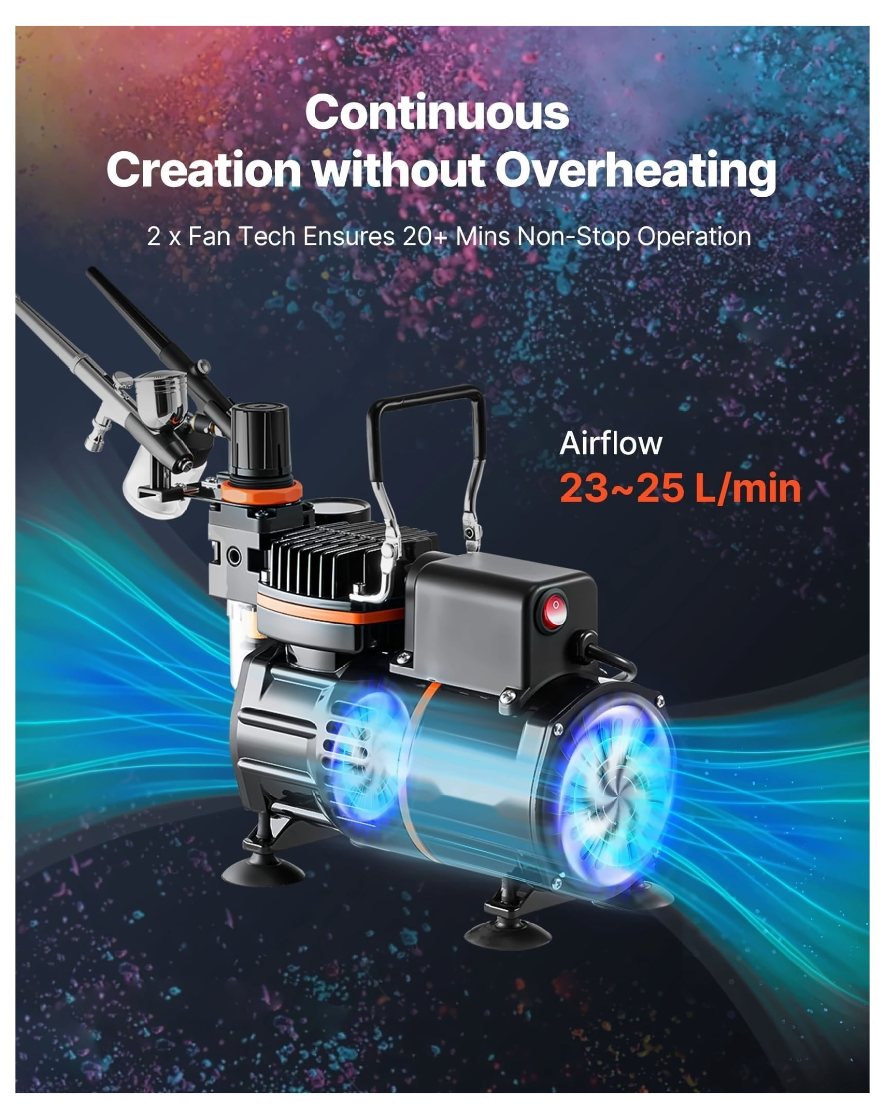 Airbrush Kit with Compressor, 1/6 HP - 3 Dual-Action Airbrushes, 3 Nozzles, Paint, for Cake Decorating, Model Painting, Nail Art