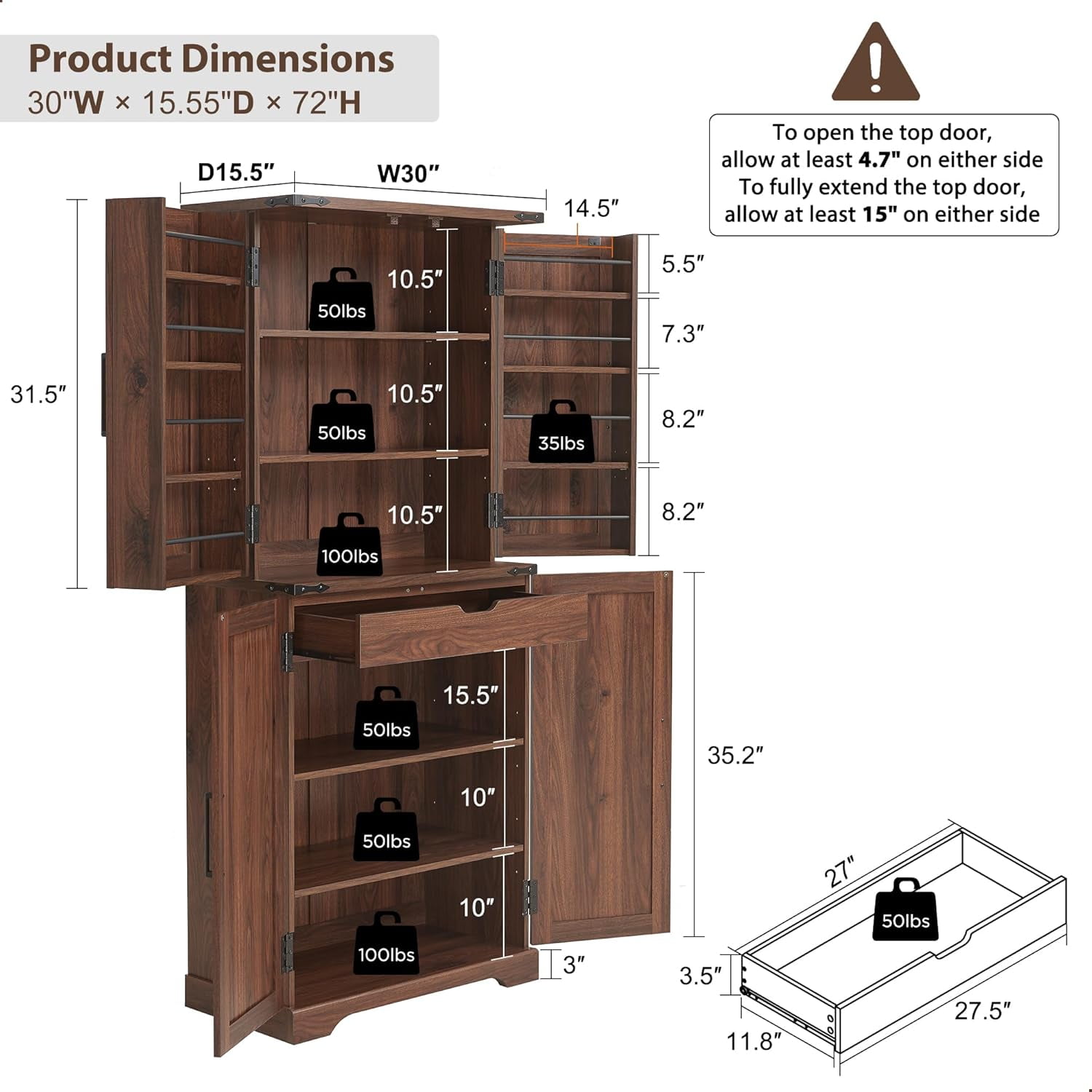 ACCOHOHO 72" Tall Kitchen Pantry Cabinets, Farmhouse Storage Cabinet with Barn Door, Drawer & Adjustable Shelves for Kitchen, Dining Room, Bathroom, Brown