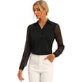 thumbnail image 1 of Blusa con cuello en V para mujer, cuello de solapa, panel de malla, manga farol, elegante camisa de trabajo de oficina Negro XL, 1 of 6