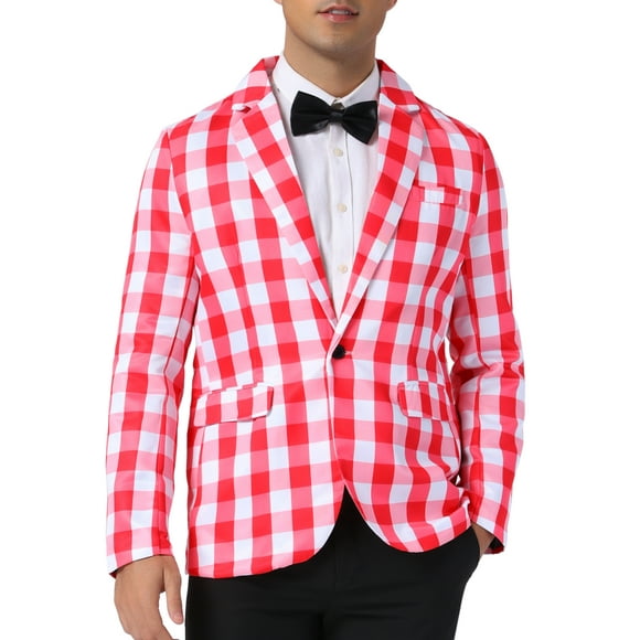 INSPIRAR CHIC Traje de Día del Padre para Hombre, Blazer de Cuadros Gingham de Un Solo Botón, Corte Regular, Solapa M Roja y Blanca