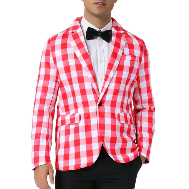 BLAZER DE HOMBRE INSPIRE CHIC DE CUADROS GINGHAM DE UN SOLO BOTÓN, AJUSTE REGULAR, CON SOLAPA EN PICO, ROJO Y BLANCO