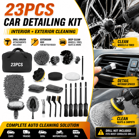 23PCS Car Detailing Kit, Car Cleaning Drill Brush Set with Extension Rod, Auto Detailing Supplies for Interior, Exterior, Wheels, Tires, Dashboard and Seats