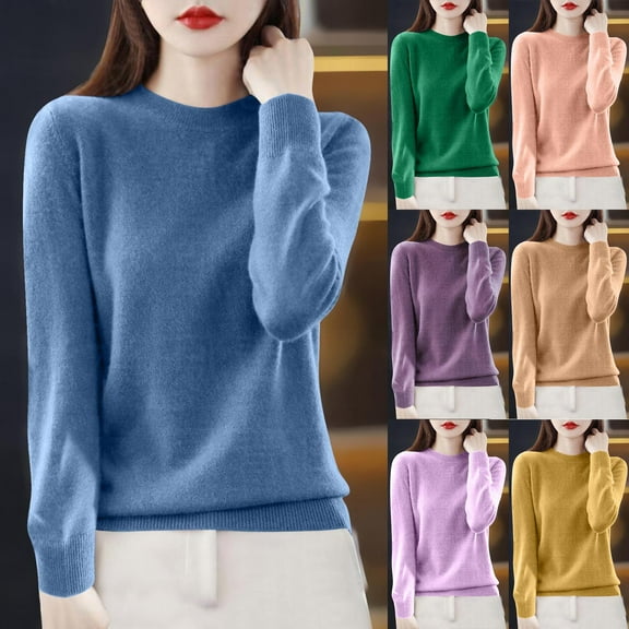 Miluxas Women's Solid Color Round Neck Sweater Pullover Long-Sleeved Knitted Bottoming Shirt top Yellow 16-180(XL)