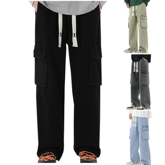 Pounoo New Trousers for Men Clearance New Style Elastic Waist Cargo Pants For Men Solid Easy Care Long Pants Pocket Drawstring High Waist Plus Size Jeans Black Xxl