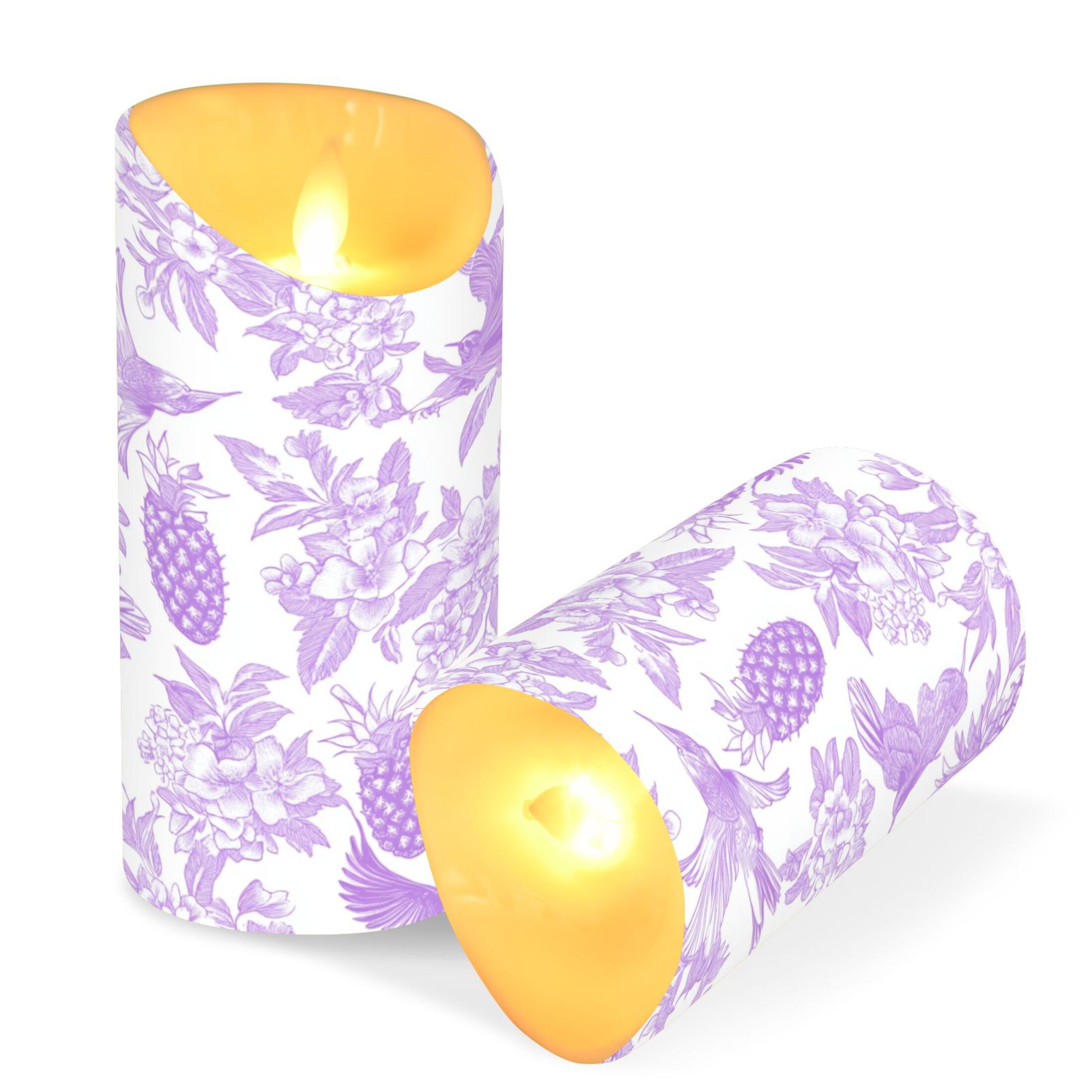 2 PCS Tilted Flameless Candles Flickering LED Lights Battery Operated Candles with Remote Timers for Holiday Decor Lilac Floral Motifs