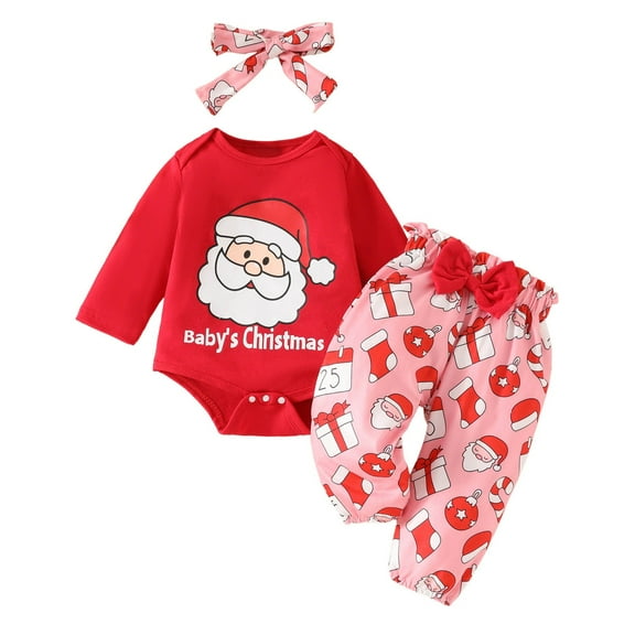 Edvintorg 0-18 Months Newborn Christmas Outfit Girl Cute Santa Claus Print Long Sleeve Jumpsuit Bow Pants Headband 3Pcs Sets Fall Winter Toddler Baby Girl Clothing Sets
