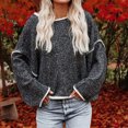 thumbnail image 2 of Suéter de Punto con Cuello Redondo para Mujer, Mangas Largas, Hombros caídos Sueltos, Tops con Borde Blanco para Otoño Invierno, Negro, Gris, L, 2 of 5