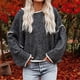 thumbnail image 2 of Suéter de Punto con Cuello Redondo para Mujer, Mangas Largas, Hombros caídos Sueltos, Tops con Borde Blanco para Otoño Invierno, Negro, Gris, M, 2 of 5