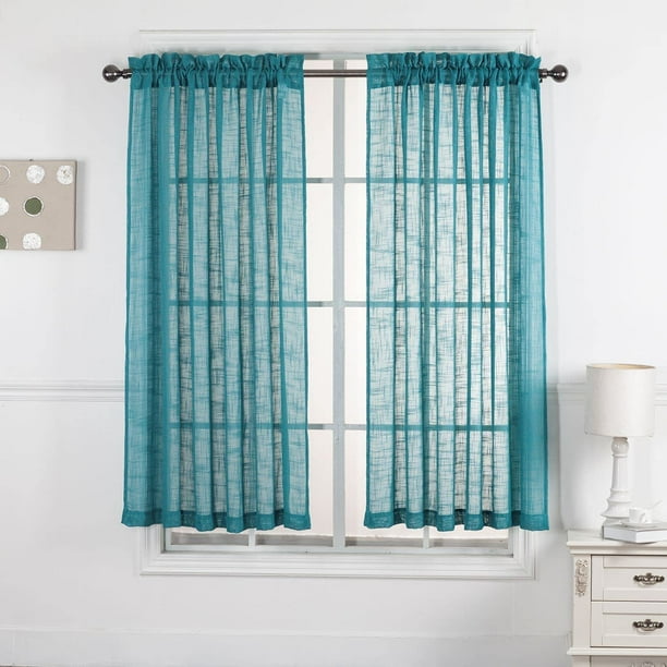 Teal Curtains 63 Inch Length 2 Panels Set Rod Pocket Semi Sheer Linen Look Teal Curtains 63 Inch Length 2 Panels, Light Teal Curtains