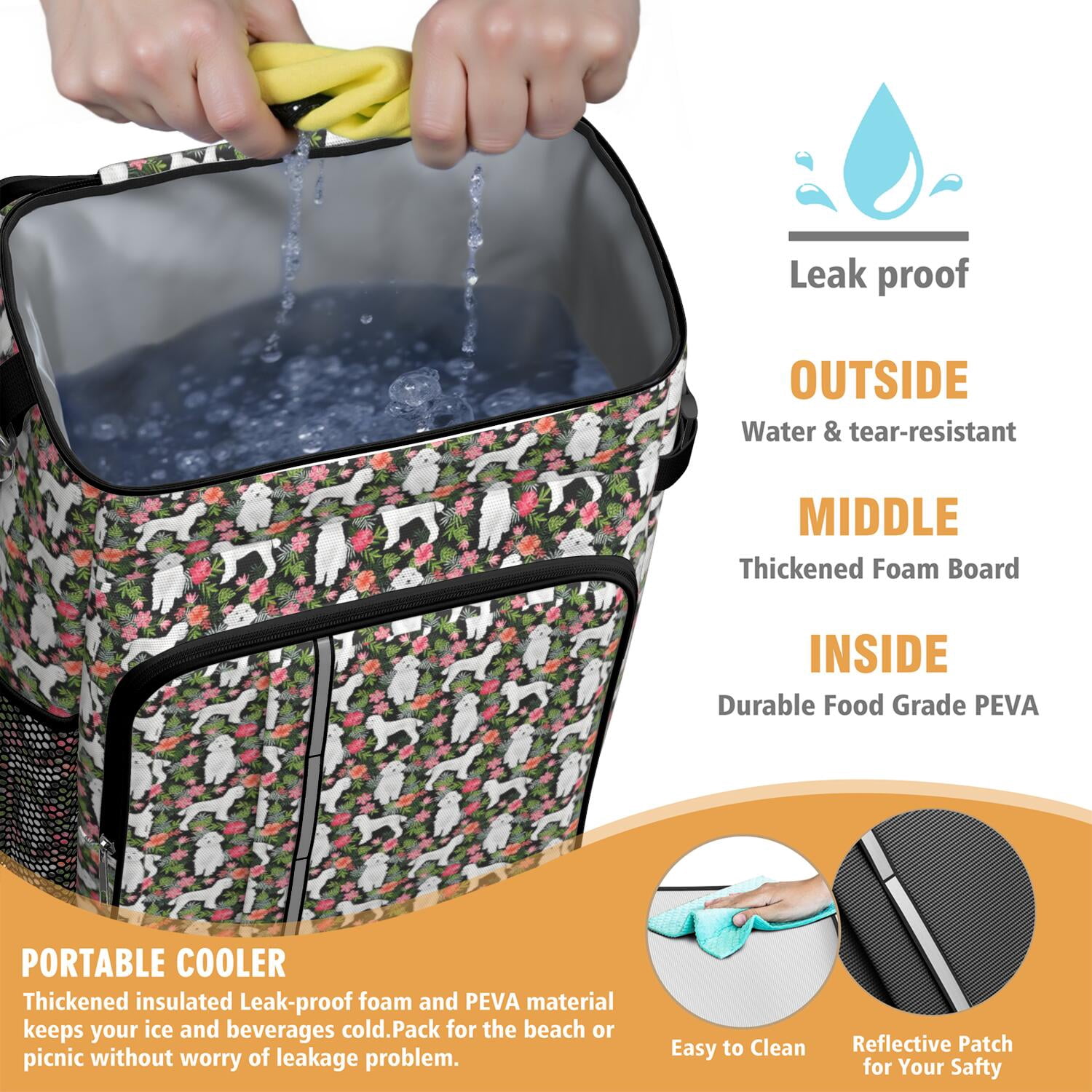 Travel Cooler Bag - White Poodle Dog Hawaiian Floral Camping Beer Cooler Backpack with Bottle Opener- Waterproof Insulated Picnic Backpacks - Cooler Bag for Beach