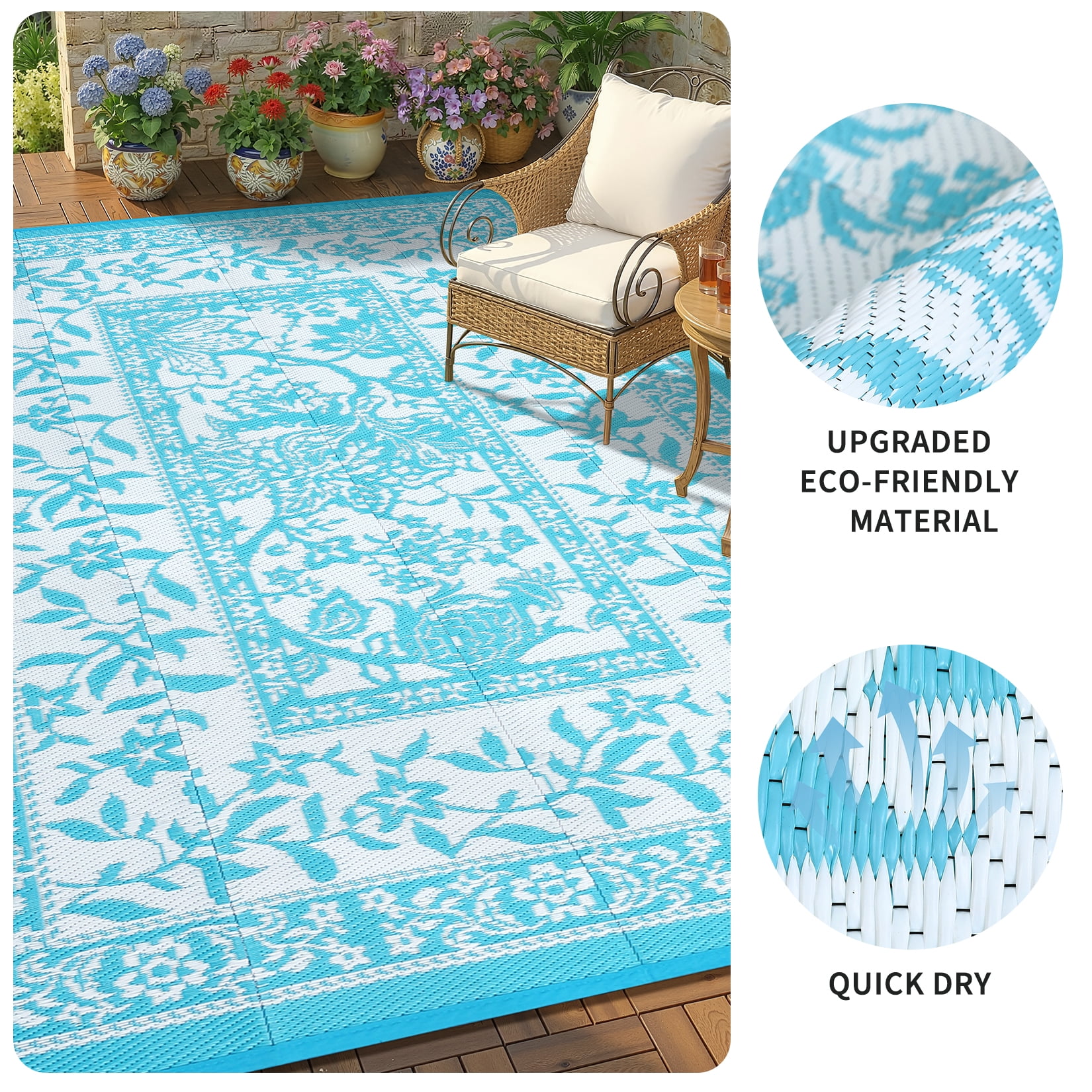 Garvee Outdoor Rug 8x10ft Waterproof Reversible Foldable Plastic Straw Rug, Modern Floral Border Outdoor Mat for Patio, Camping, RV, Deck, Porch, Balcony, Light Blue/White