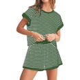 thumbnail image 4 of CIENVNSTG Two Piece Sets for Women Summer Round Neck Stripe Knit Short Sleeve Tee Shirts Shorts Casual Street Style Loungewear Shorts Sets Green XL, 4 of 7