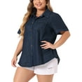 thumbnail image 2 of DARING DIVA Women's Plus Size Denim Short Sleeve Button Down Tops 3X Black Blue, 2 of 6
