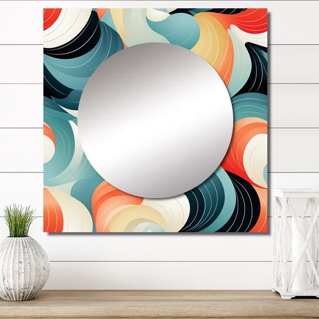Designart "Patterns Of Geometric Ripples In Orange And Green" Coastal Square Mirror Wall Decor Coastal - Large Orange Square Bathroom Mirror - Square Printed Wall Mirror Art