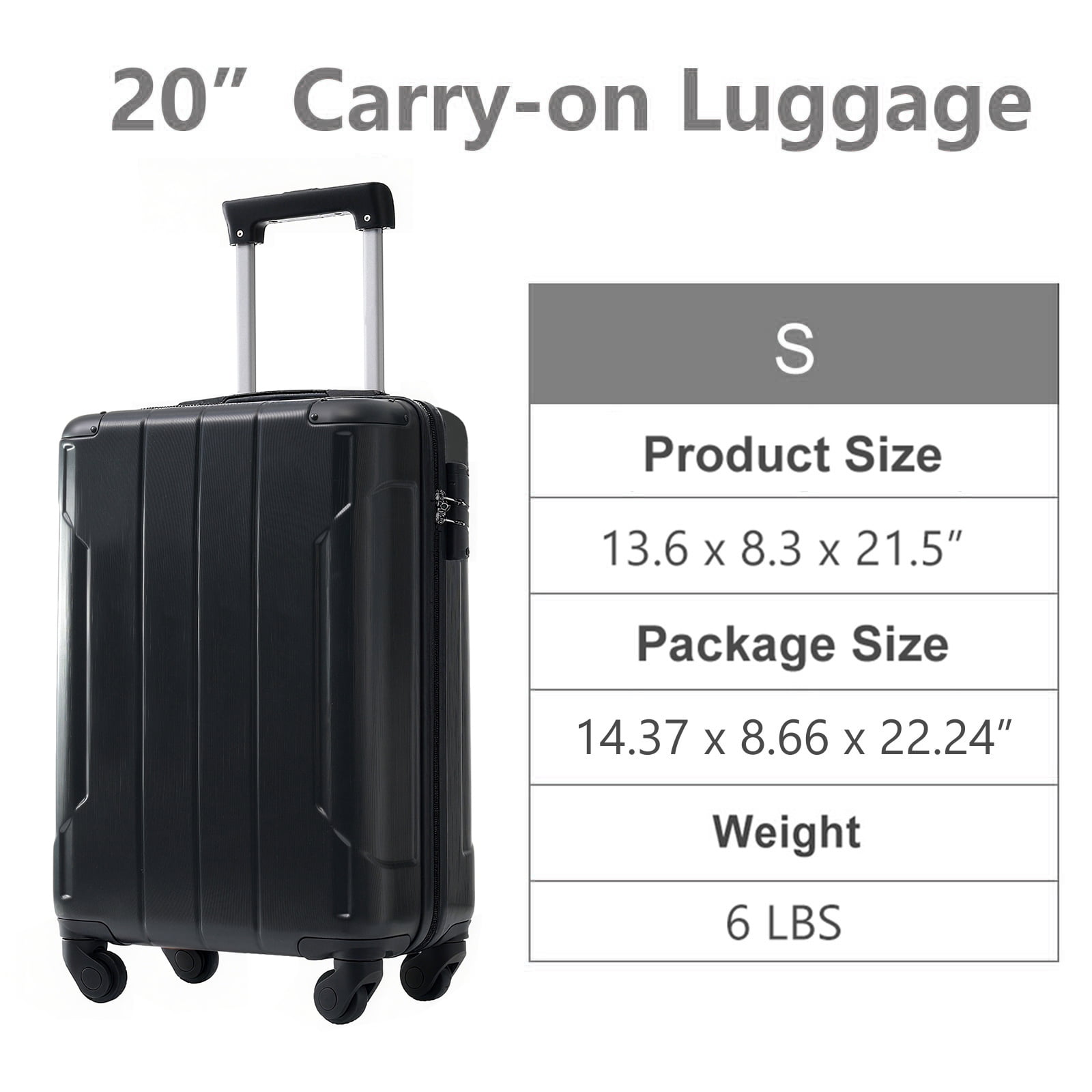 Hardshell Luggage, Lightweight Durable ABS Suitcase with Double Spinner Wheels, TSA Lock, 20 Inch Travel Carry On Luggage (Black)