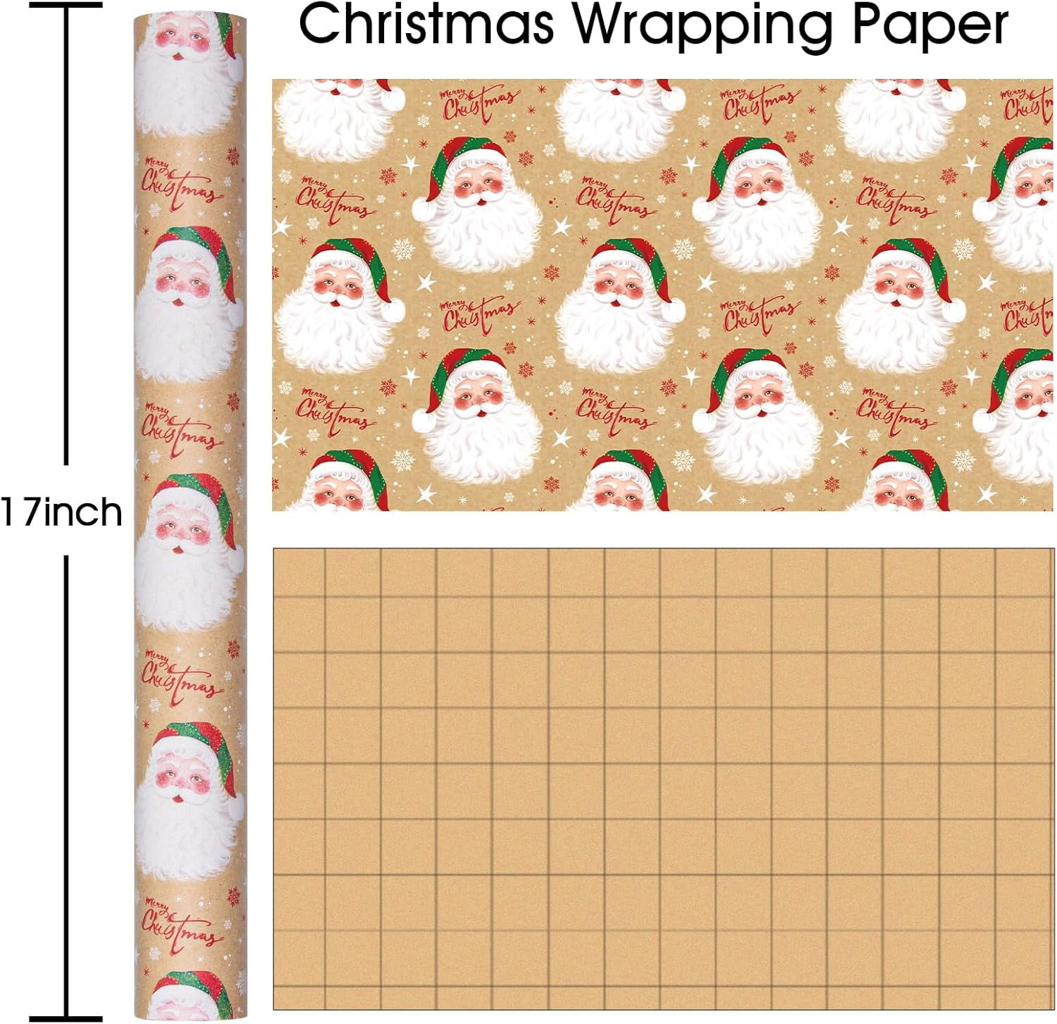 Christmas Wrapping Paper, Brown Kraft Santa Claus Design Gift Wrapping Paper Suitable for Christmas, Mini Roll (17 Inch X 32.8 Feet)