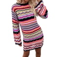 thumbnail image 5 of Women Long Sleeve Crochet Dress Boho Casual Hollow Out Striped Short Dress Knit Sweater Mini Dress, 5 of 7