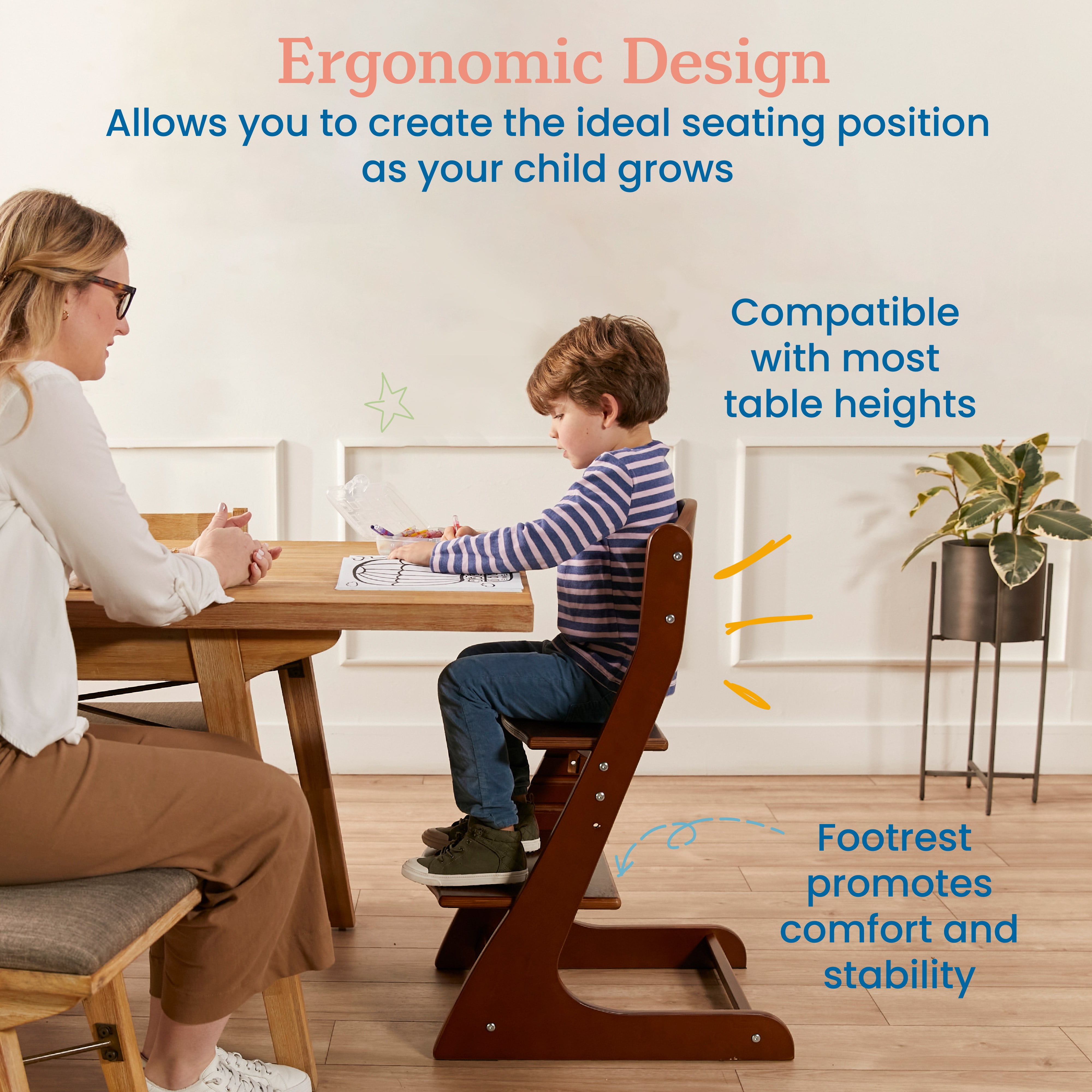 ECR4Kids Wooden Adjustable Grows with Me Transitional Chair, Montessori Furniture, Dark Walnut