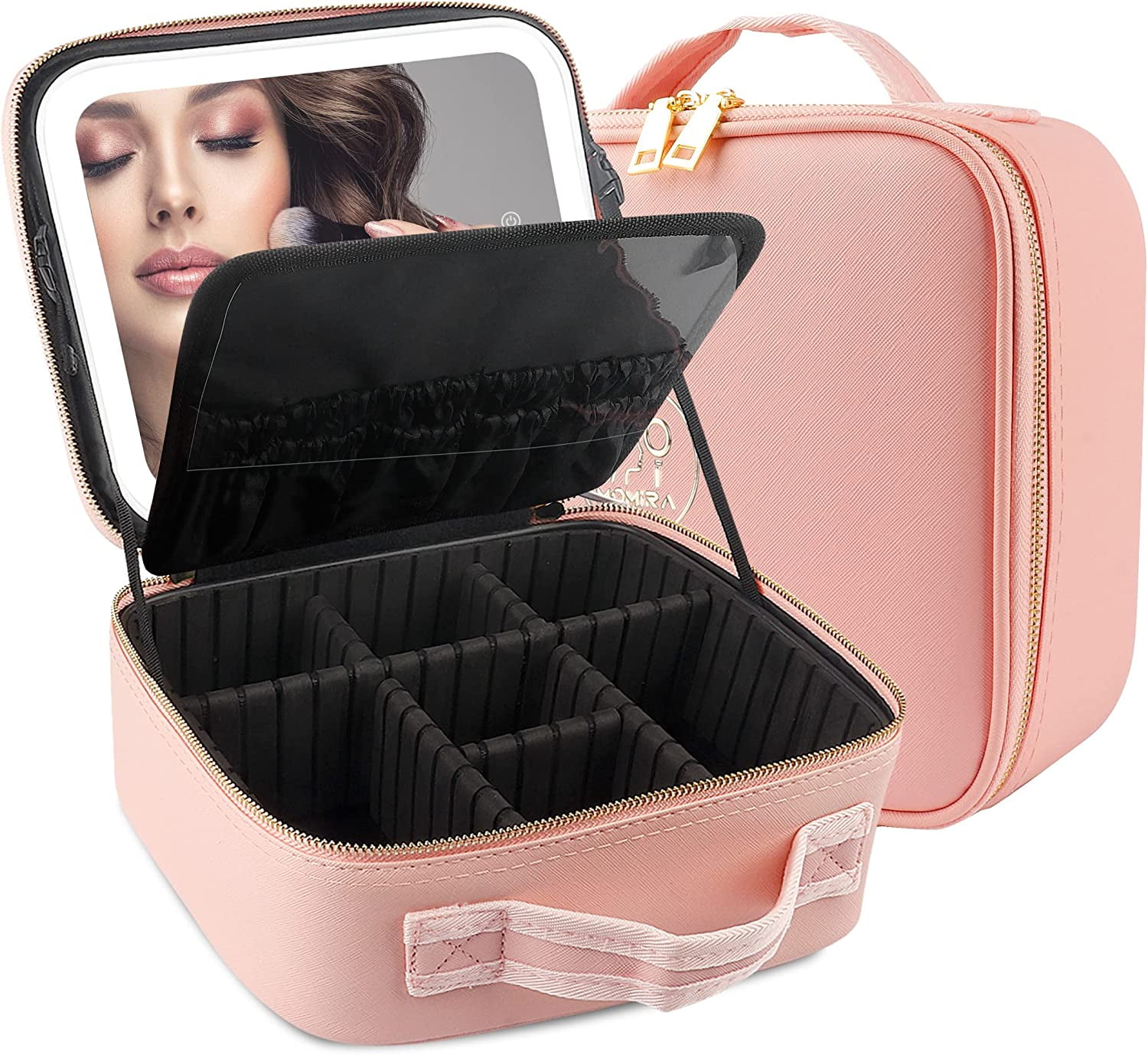 Travel Makeup Case with Large Lighted Mirror Partitionable Cosmetic Bag