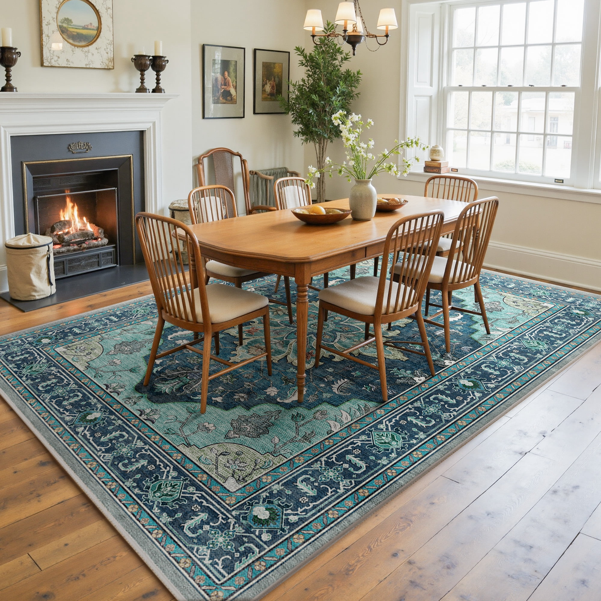 NewBuros 8'x10' Washable Area Rug for Living Room, Non Slip Vintage Distress Print Pattern Floral Rug, Soft Low Pile Indoor Carpet for Bedroom Dining Room, Teal Green