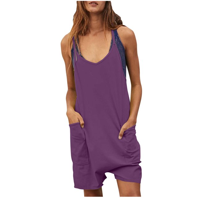 Combinaisons pour Femmes Été Décontractées Confortables Col en V Shorts Pantalons Barboteuses Pyjamas Bretelles Spaghetti Combinaisons Unies avec Poche