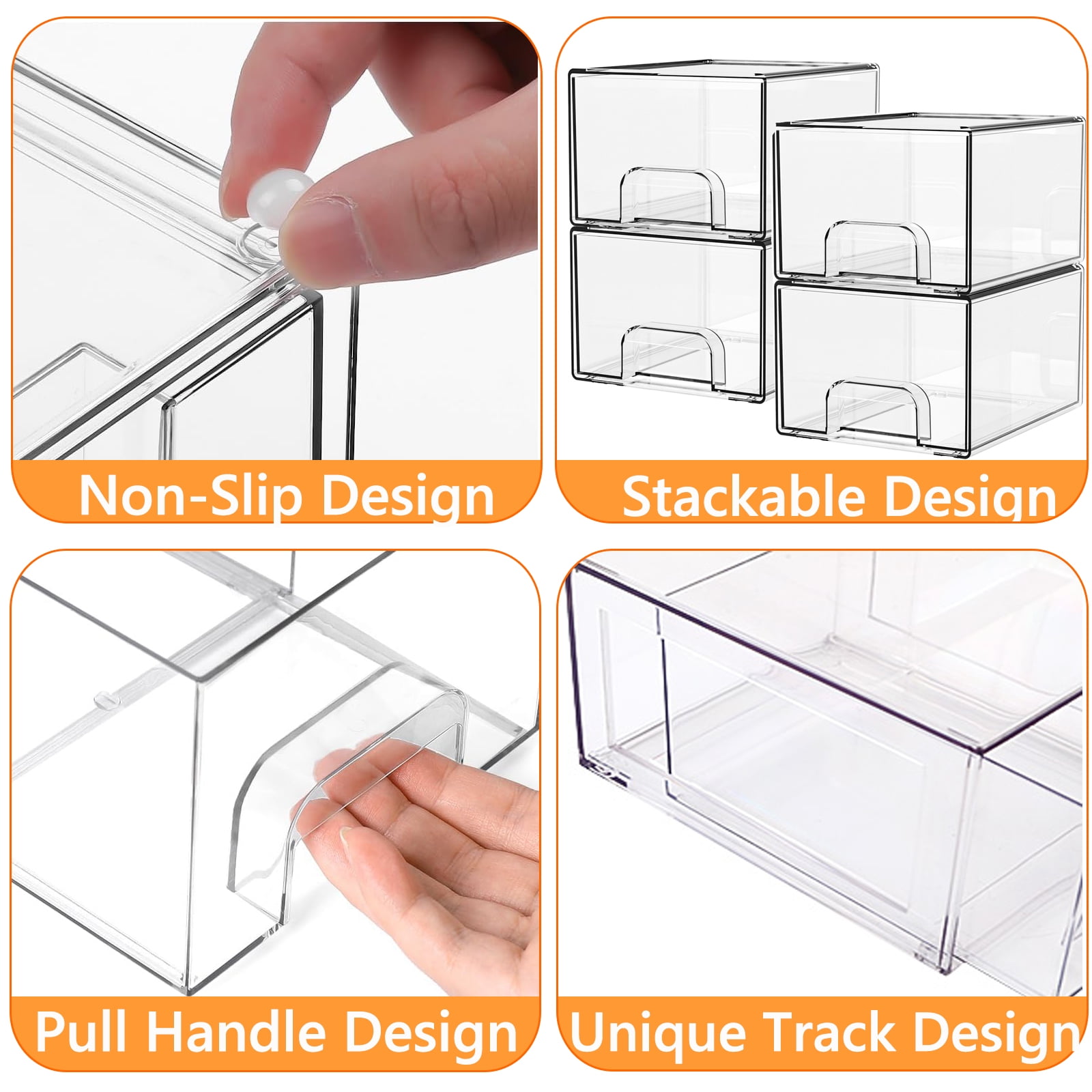 Kisportee 4 Pack Stackable Makeup Storage Drawers, 4.4'' Tall Clear Bathroom Makeup Cosmetics Organizer, Plastic Storage Bins for Vanity, Undersink, Kitchen Organization