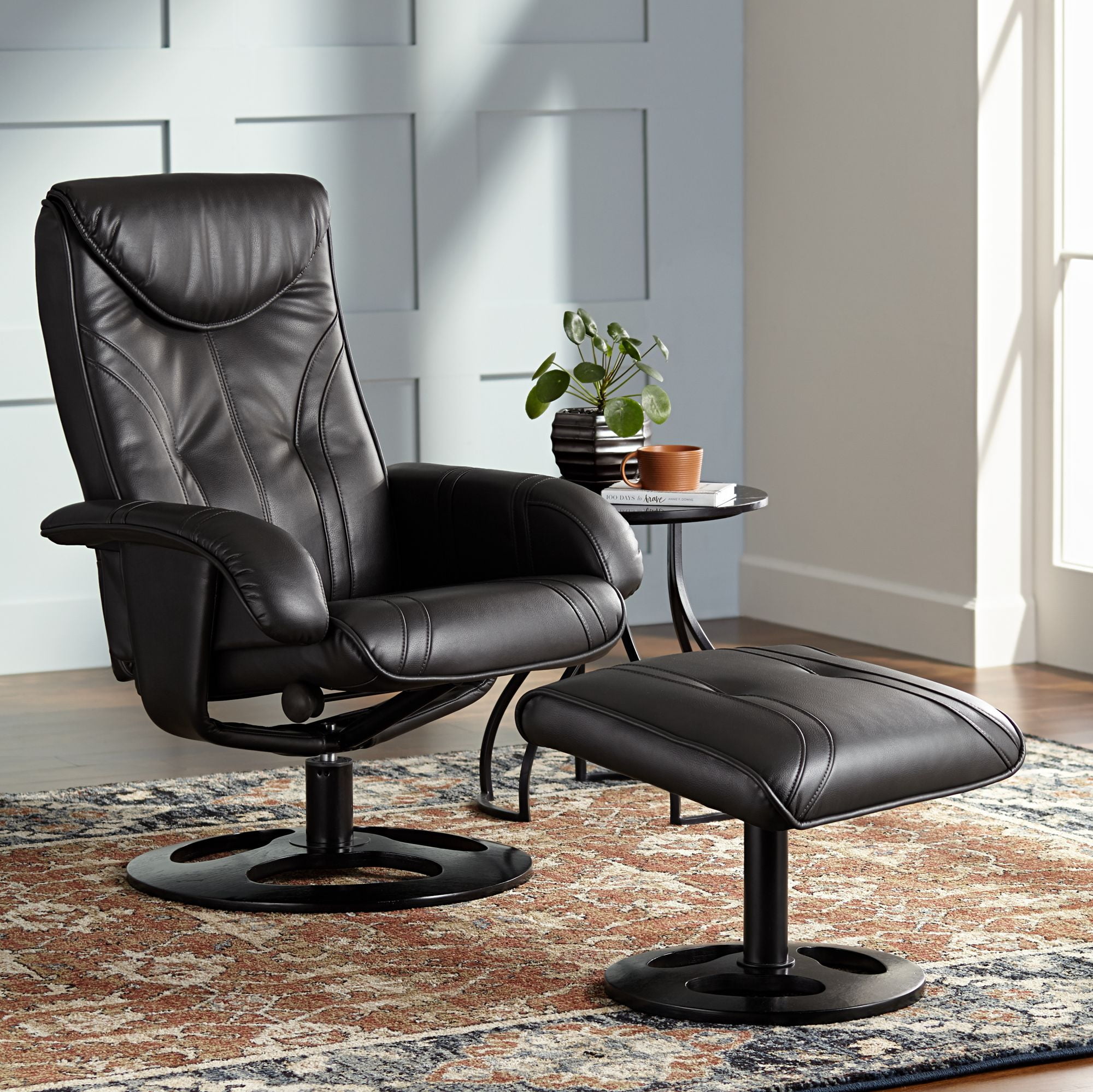 Elm Lane Black Swivel Ottoman Faux Leather Recliner Chair Modern Armchair Ergonomic Push Manual Reclining Bedroom Living Room Reading
