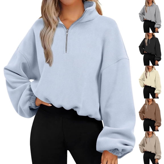 Hfnxid Half Zip Sweatshirts Women Fleece Long Sleeve Sweatshirts Fall Oversized Pullovers Tops Casual Fall Winter Clothes Black M
