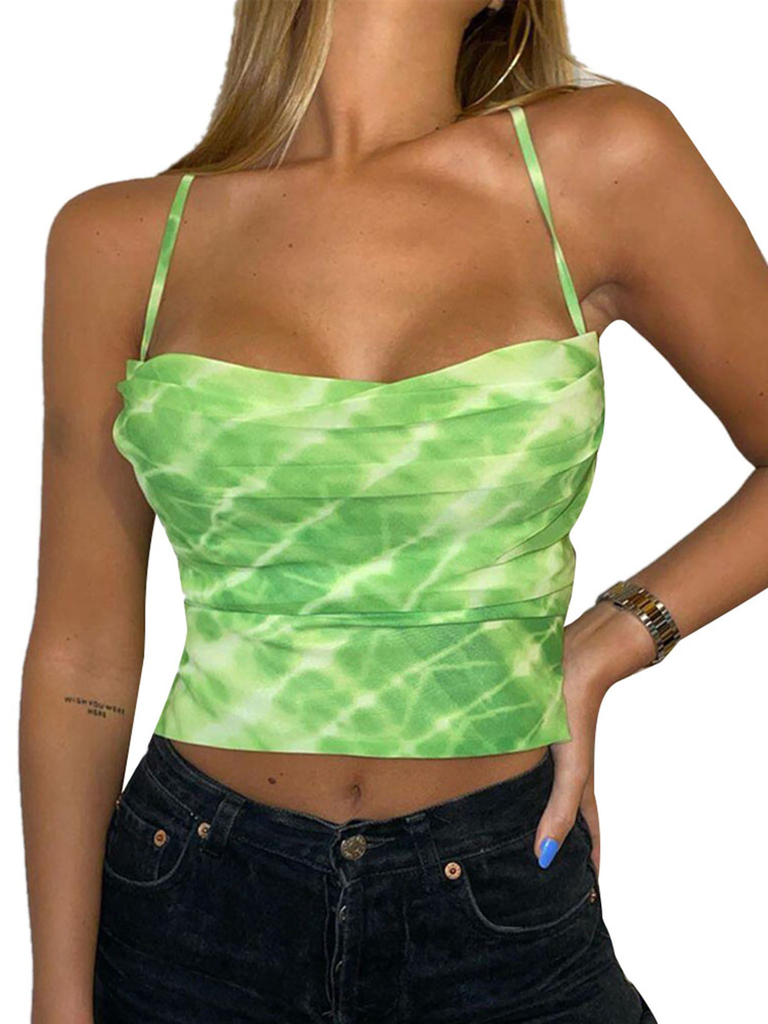 Womens Tie-dye Crop Top Summer Sleeveless Spaghetti Strap Vest Tank Camisole