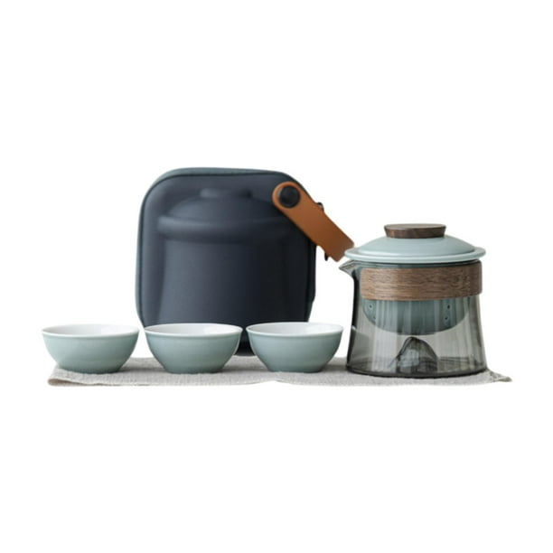 Juego de té de viaje japonés Tetera de vidrio para exteriores con estuche de transporte Juego de té chino para Gris claro