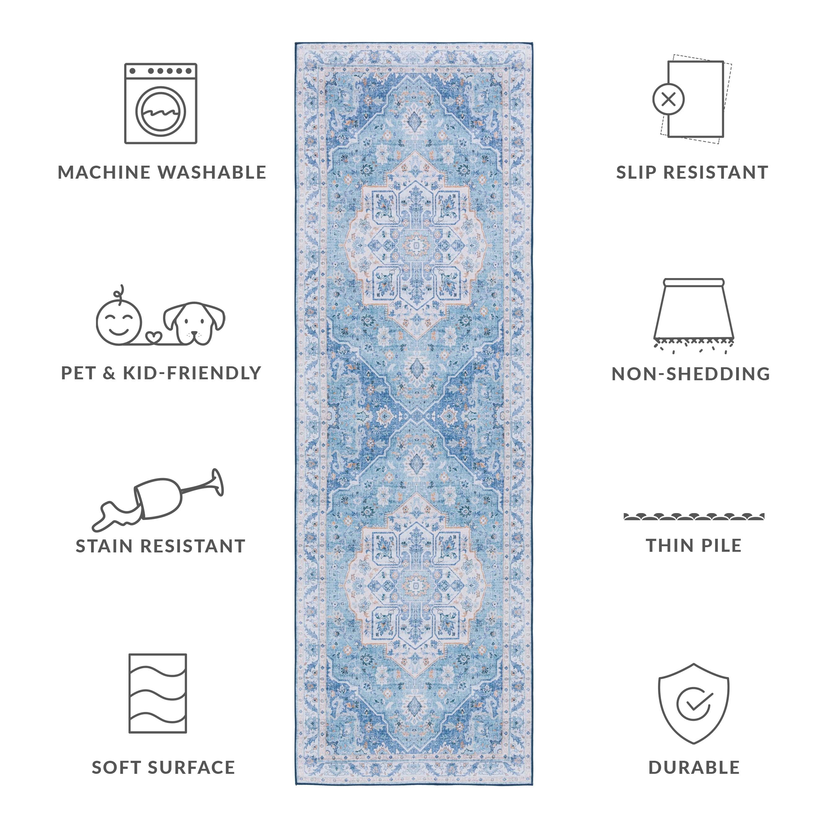 SAFAVIEH Tucson Luvina Oriental Machine Washable Runner Rug, Light Blue/Blue, 2'6" x 6'