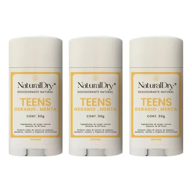 3 Pack Desodorante Naturaldry Teens Intense Geranio Menta En Barra 50g
