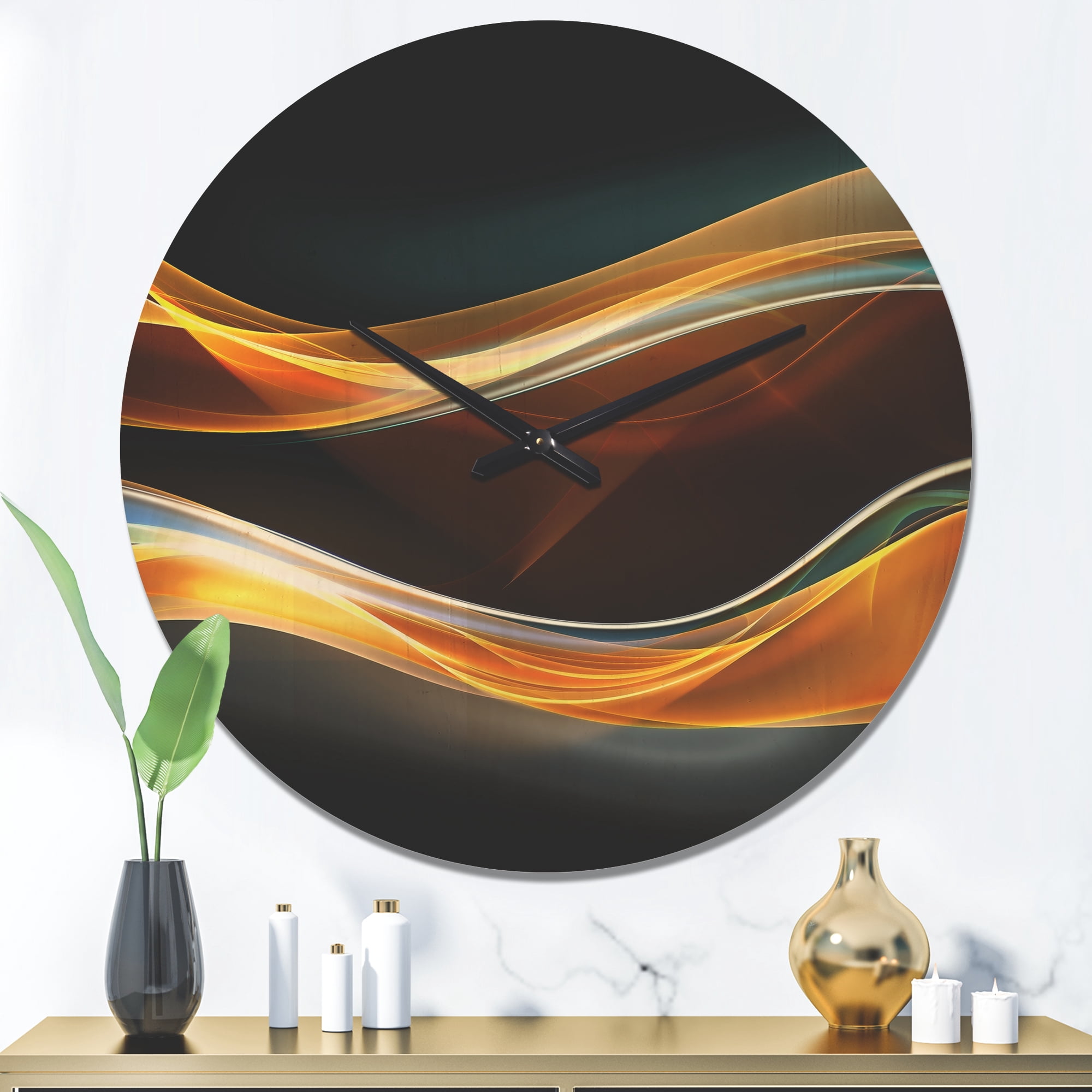 Designart 'Fractal 3D Gold Waves in Black' Modern Wood Wall Clock