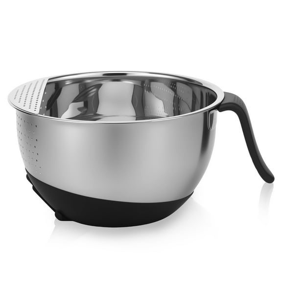 Stainless Steel Rice Washing Colander Bowl with Silicone Base and Handle Versatile Side Drainers Sturdy Robust for Cleaning Rinsing Fruits Vegetables and Beans